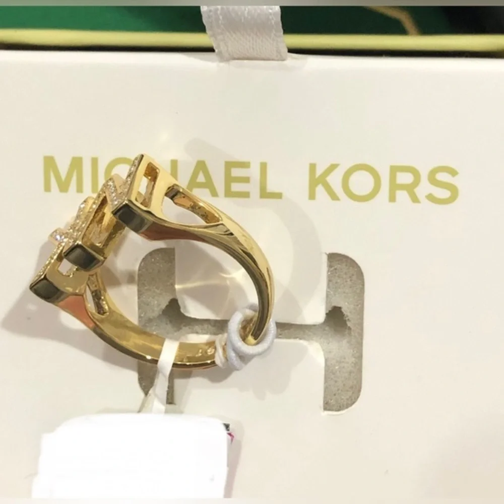 Michael Kors Gold-plated crystal rhinestone‎ MK Logo Ring Size 7 new